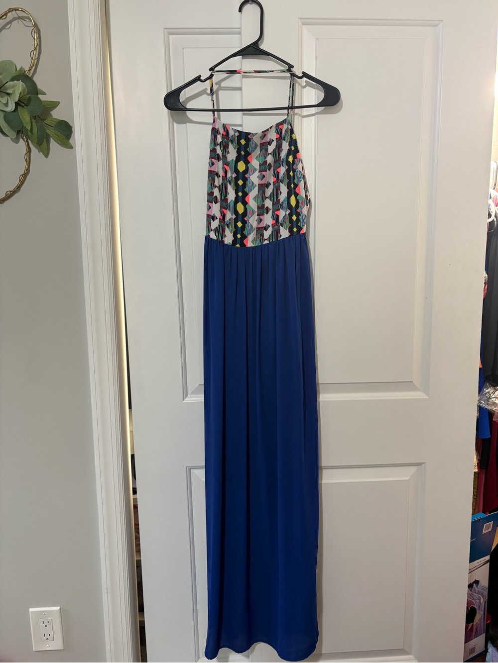Harper Blue Maxi Dress with Multicolor Geometric Accents
